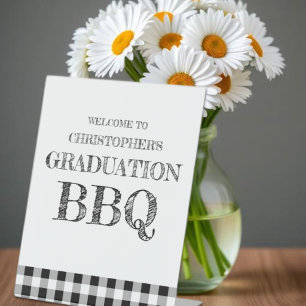 Graduation BBQ Gingham Pedestal Sign
