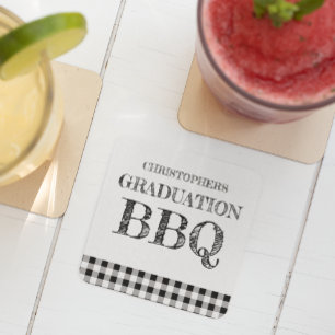 Graduation BBQ Gingham Square Paper Coaster