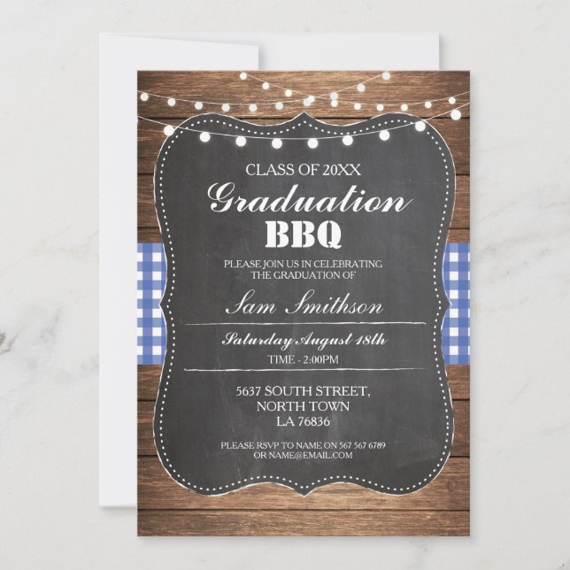 Graduation BBQ Invitation Blue Rustic Chalk (Front)