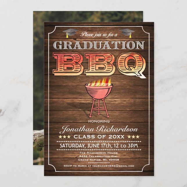 Graduation BBQ Invitations (Grill & Wood) (Front/Back)