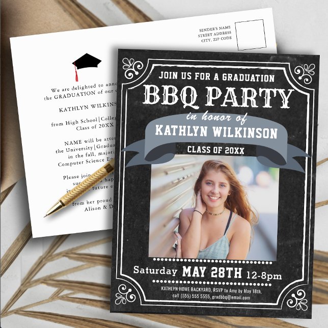 Graduation BBQ Party Chalkboard Photo Invitation Postcard (Creator Uploaded)