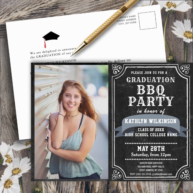 Graduation BBQ Party Chalkboard Photo Invitation Postcard (Creator Uploaded)