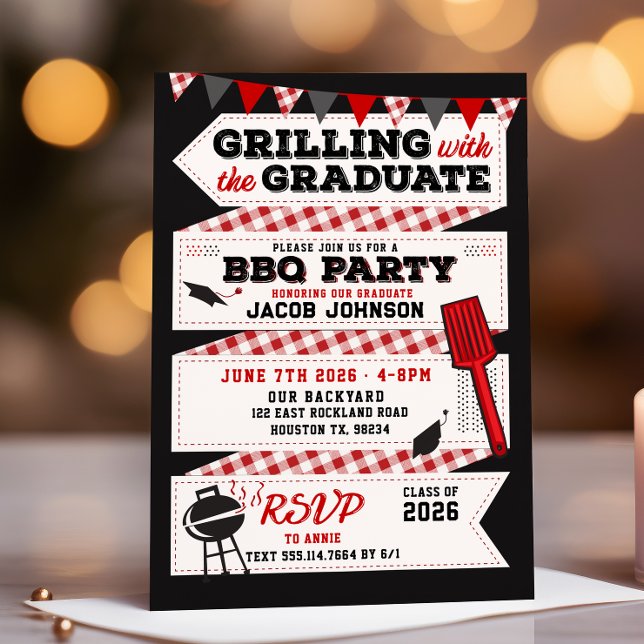 Graduation BBQ Party invitation, Grad party Invitation (Grilling with the graduate bbq grad party invitation shown with gold light and candle background)