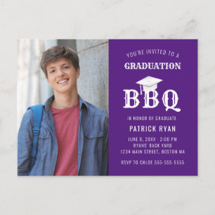 Graduation BBQ Party Purple White Photo Invitation Postcard