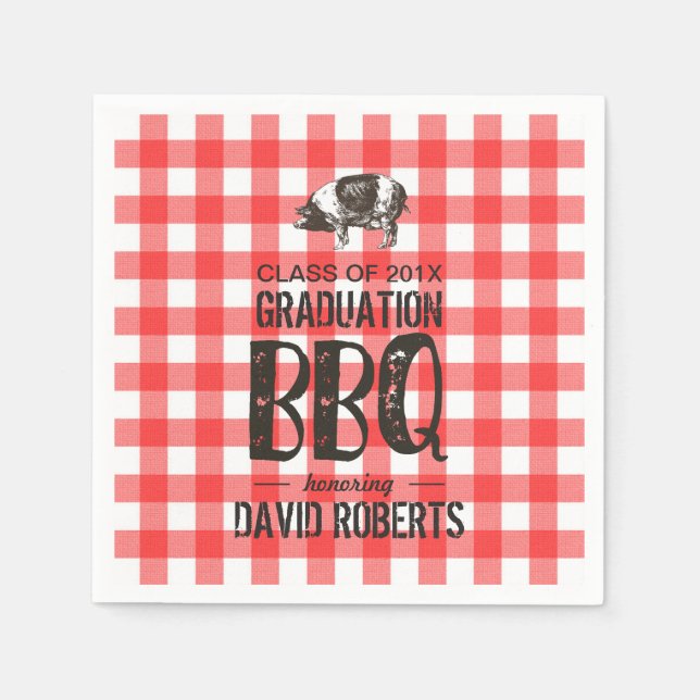 Graduation BBQ Party Red Gingham Pig Roast Napkin (Front)