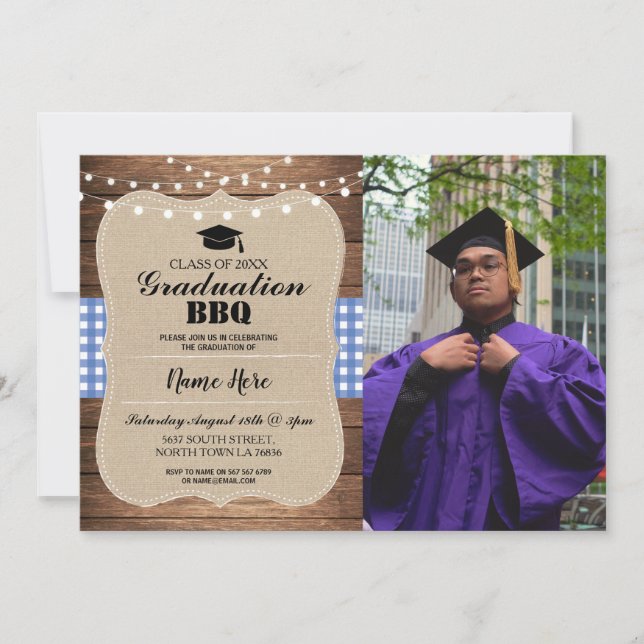 Graduation BBQ Photo Burlap Blue Rustic Wood Invitation (Front)