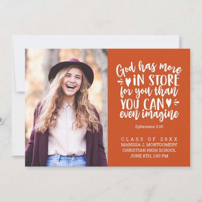 Graduation Bible Verse Photo White Script Orange Announcement (Front)