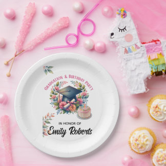 Graduation & Birthday Floral Double Celebration Paper Plate