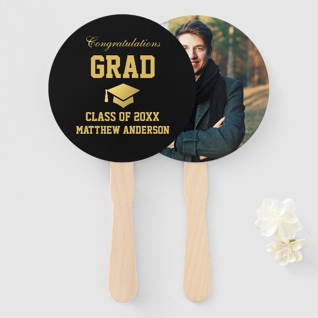 Graduation Black and Gold Graduate Photo Hand Fan (Front and Back)