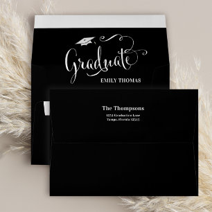 Graduation Black and White Script Return Address Envelope