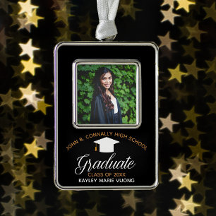 Graduation Black Gold Chic Custom Graduate Photo Silver Plated Framed Ornament