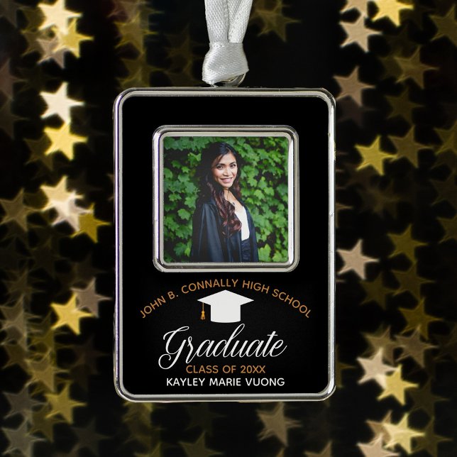 Graduation Black Gold Chic Custom Graduate Photo Silver Plated Framed Ornament (Creator Uploaded)