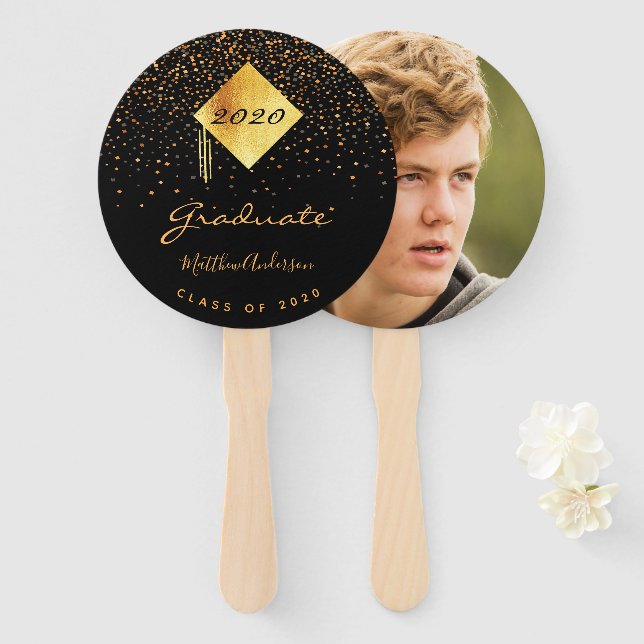 Graduation black gold confetti photo hand fan (Front and Back)