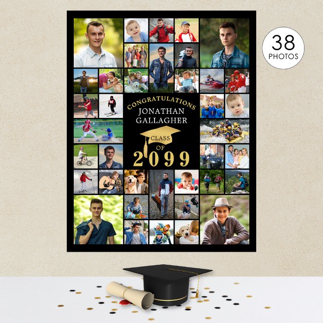Graduation Black Gold Congrats 38 Photo Collage Poster (Creator Uploaded)