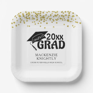 Graduation Black Gold CONGRATS GRAD Confetti Paper Plate