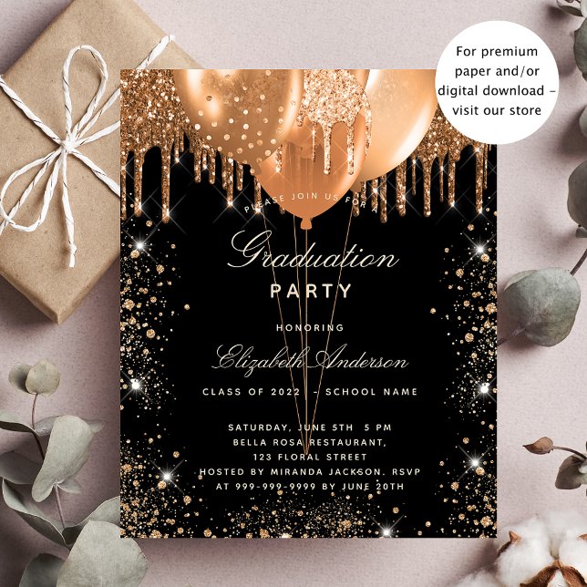 Graduation black gold glitter budget invitation flyer (Creator Uploaded)