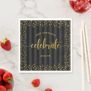 Graduation black gold glitter script stripes name  napkin