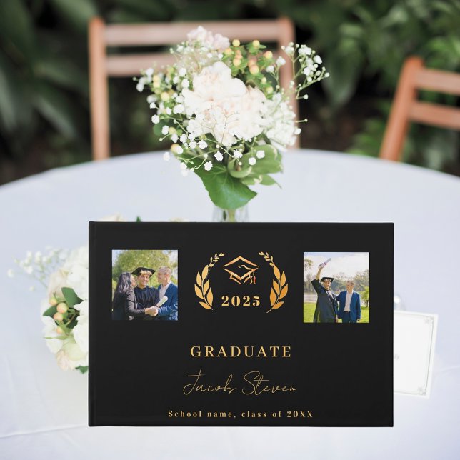 Graduation black gold name script photo guest book (Creator Uploaded)