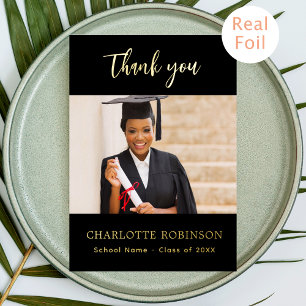 Graduation black gold photo foil thank you card