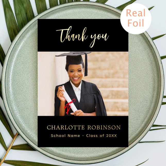 Graduation black gold photo foil thank you card (Creator Uploaded)