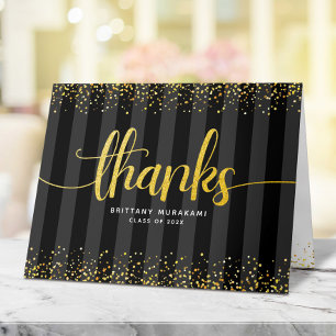 Graduation black gold script calligraphy chic glam thank you card