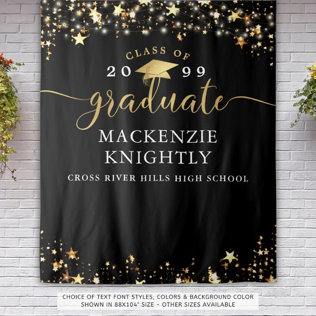 Graduation Black Gold Stars Confetti Lights Script Tapestry (Creator Uploaded)