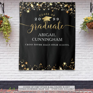 Graduation Black Gold Stars Confetti Lights Script Tapestry