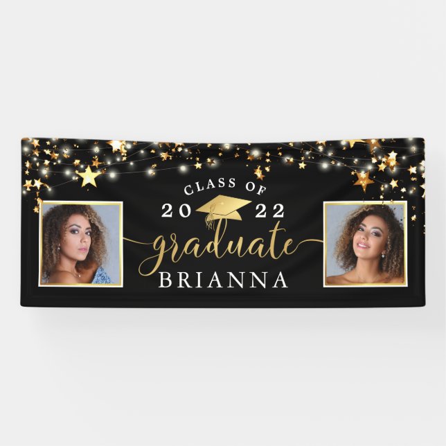 Graduation Black Gold Stars Lights Confetti Photo Banner (Horizontal)