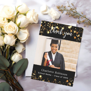 Graduation black gold stars photo thank you card
