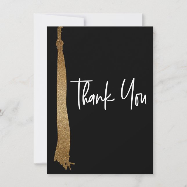 Graduation Black Gold Tassel Modern Handwritten Thank You Card (Front)