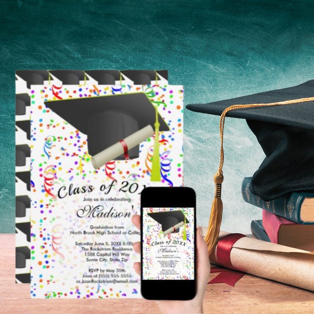 Graduation Black Grad Cap Diploma Confetti Party Invitation (Graduation Black Grad Cap Diploma Confetti Party Invitation)