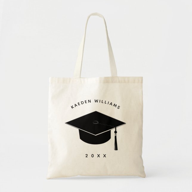 Graduation Black Grad Cap Monogrammed Name Year Tote Bag (Front)