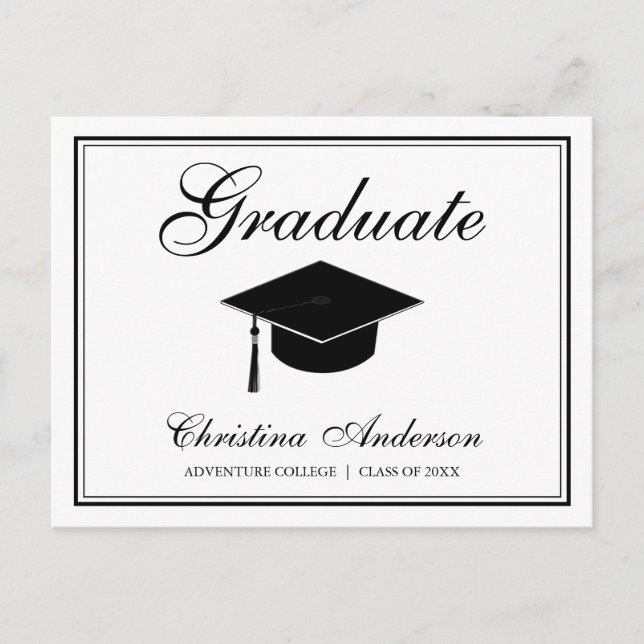 Graduation Black Grad Cap & Script on White Party Invitation Postcard (Front)