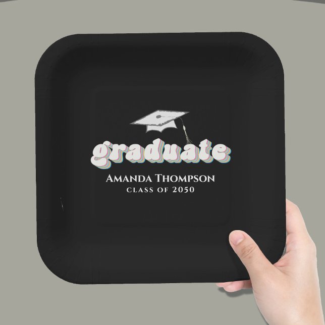 Graduation Black Graduate Retro Typography Simple Paper Plate (Elegant black and gold graduate script party plates for modern graduation celebration decor)