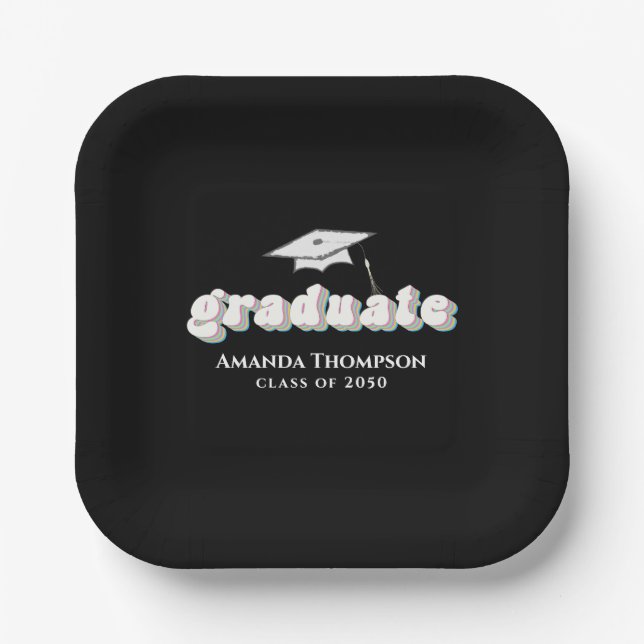 Graduation Black Graduate Retro Typography Simple Paper Plate (Front)
