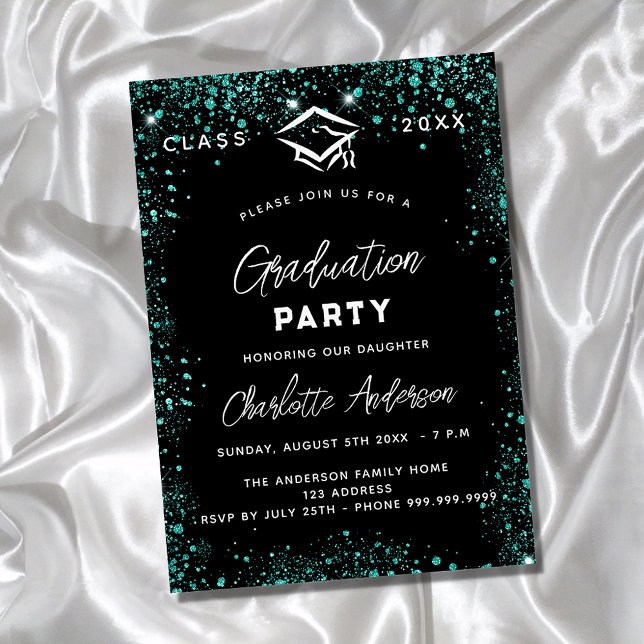 Graduation black green teal glitter script invitation (Creator Uploaded)