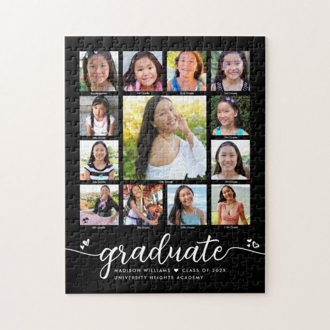 Graduation Black K–12 Modern Script Photo Collage Jigsaw Puzzle (Vertical)