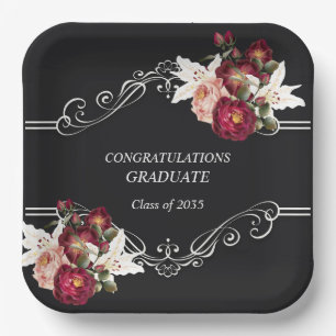 Graduation Black Pretty Red Roses Lilies Paper Plate