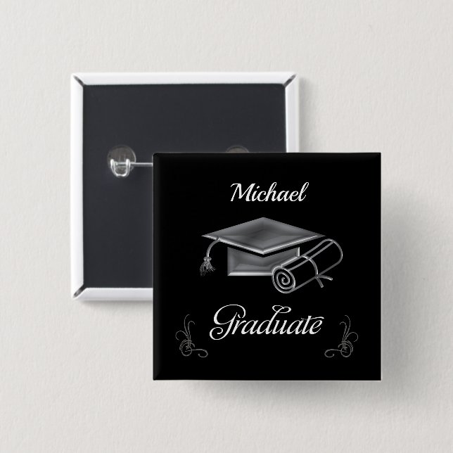 Graduation Black & Silver, Cap & Diploma 15 Cm Square Badge (Front & Back)
