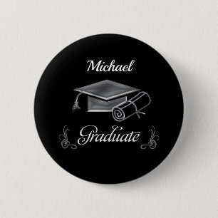 Graduation Black & Silver, Cap & Diploma 6 Cm Round Badge
