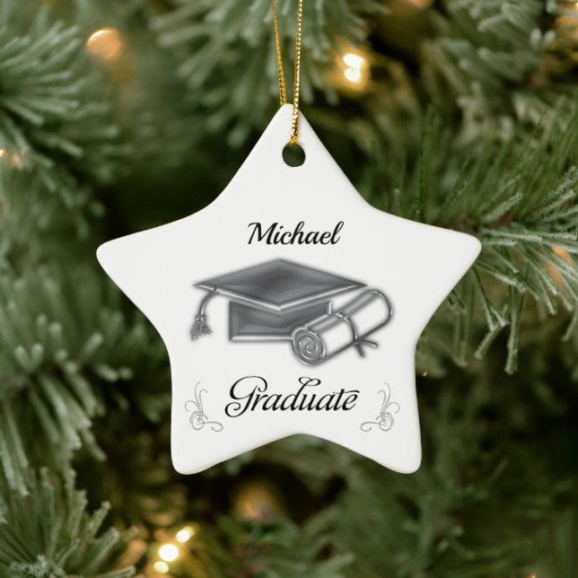 Graduation Black & Silver, Cap & Diploma Ceramic Ornament (Tree)