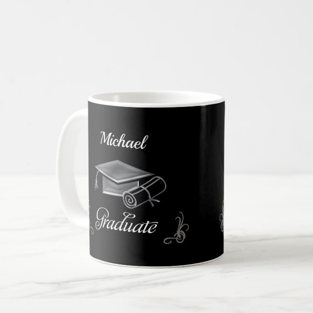 Graduation Black & Silver, Cap & Diploma Coffee Mug (Front Left)