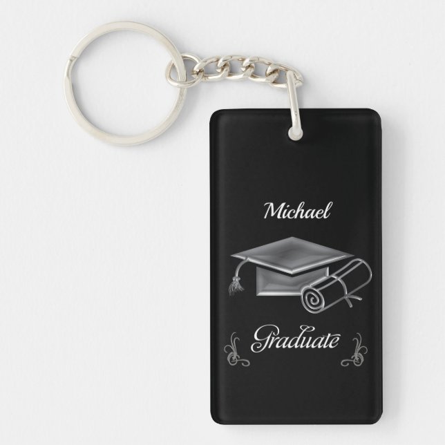 Graduation Black & Silver, Cap & Diploma Key Ring (Front)