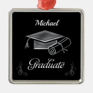 Graduation Black & Silver, Cap & Diploma Metal Ornament