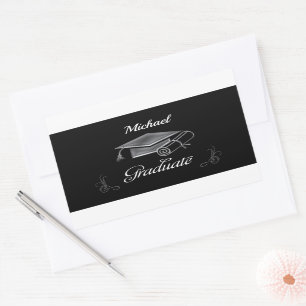 Graduation Black & Silver, Cap & Diploma Rectangular Sticker