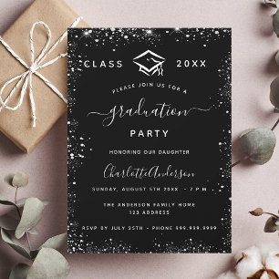 Graduation black silver glitte glamourous invitation postcard