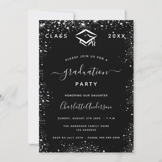 Graduation black silver glitter dust modern invitation (Front)