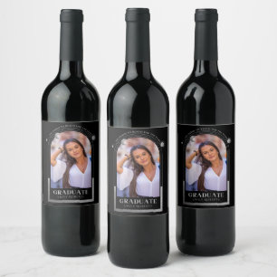 Graduation Black Silver Sun Moon Stars Grad Photo Wine Label