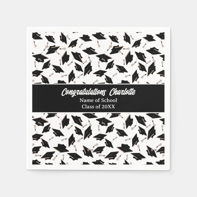 Graduation Black White Caps Party Supplies Napkin (Front)