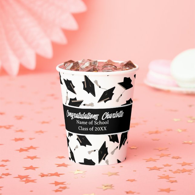 Graduation Black White Caps Party Supplies Paper Cups (Insitu)
